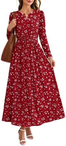 2026 Womens Fall Boho Floral Long Sleeve Maxi Dresses with in Spotted Red