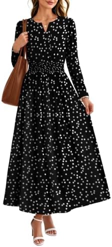 2026 Womens Fall Boho Floral Long Sleeve Maxi Dresses with in Black Dot