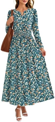 2026 Womens Fall Boho Floral Long Sleeve Maxi Dresses with in Grey Blue Print