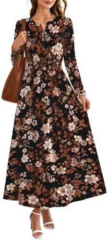 2026 Womens Fall Boho Floral Long Sleeve Maxi Dresses with in Floral Brown