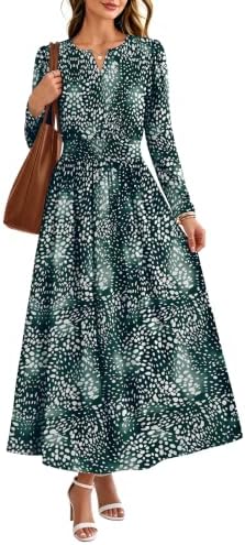 2026 Womens Fall Boho Floral Long Sleeve Maxi Dresses with in Green Dot