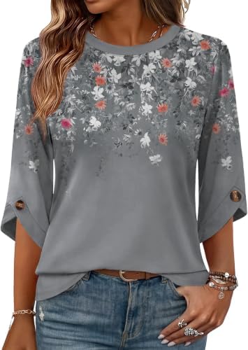 3/4 Length Sleeve Womens Tops Blouses Summer Fall Grey Floral M