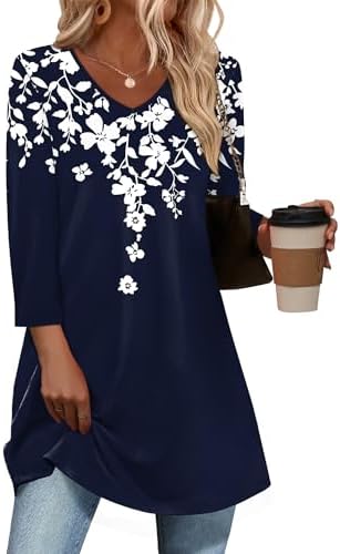 3/4 Length Sleeve Womens Tops Boho Tops For Women Floral 28 2XL in Floral 28