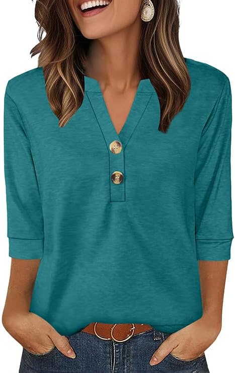 3/4 Length Sleeve Womens Tops Business Casual Summer Ouffit in Turquoise