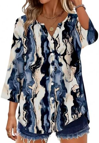 3/4 Length Sleeve Womens Tops Buttun Down Shirts Women's in B-tie Dye 1