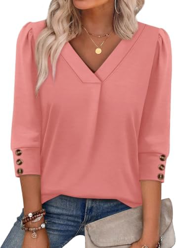 3/4 Length Sleeve Womens Tops Dressy Casual V Neck Spring in Pink