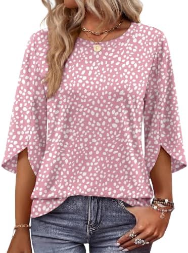 3/4 Length Sleeve Womens Tops Dressy Casual Vacation Outfits in Pink Print
