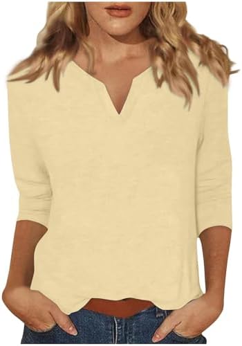 3/4 Length Sleeve Womens Tops V Neck Bussiness Work Blouses in 03 Beige