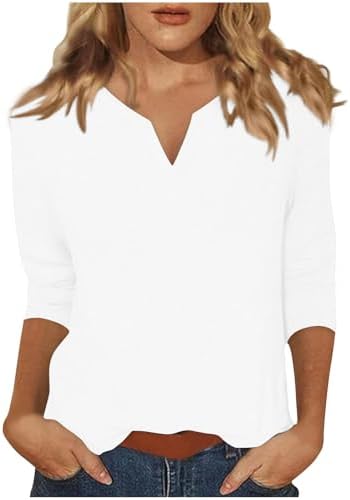 3/4 Length Sleeve Womens Tops V Neck Bussiness Work Blouses in 01 White