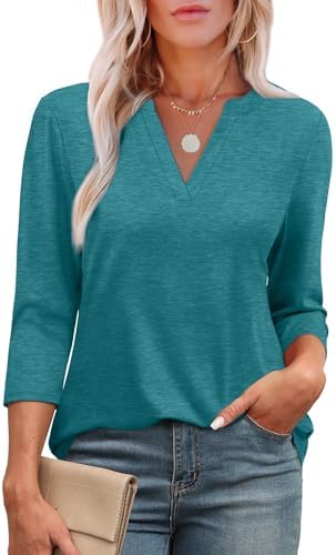 3/4 Length Sleeve Womens Tops V Neck Tunic Shirts Loose Curved