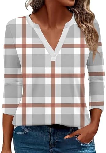 3/4 Sleeve Shirts for Women Basic V Neck Spring Summer Blouses in 07 Gray