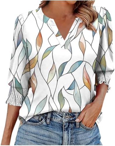 3/4 Sleeve Shirts for Women Boho Floral Print Graphic Tees Tops
