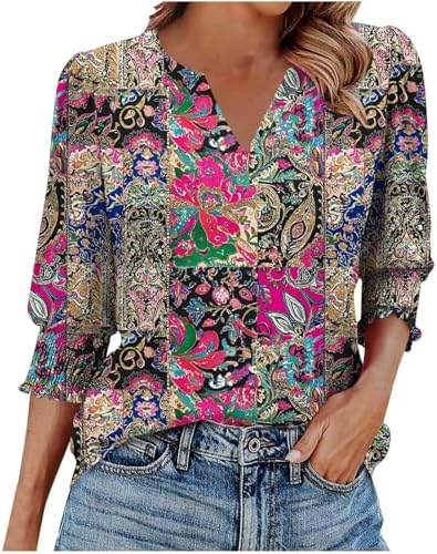 3/4 Sleeve Shirts for Women Boho Floral Print Graphic Tees Tops in 01 Red