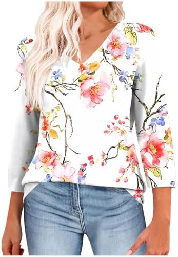 3/4 Sleeve Tops for Women V Neck Blouses Dressy Casual Summer T