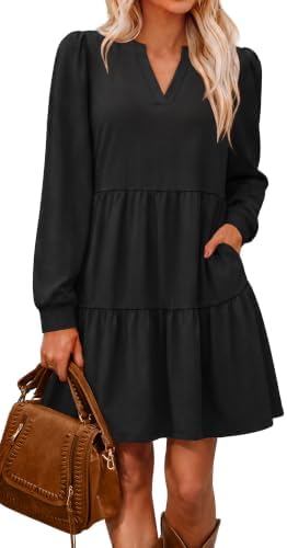 Black Dresses for Women Long Sleeve V Neck Tiered Dress with in Black