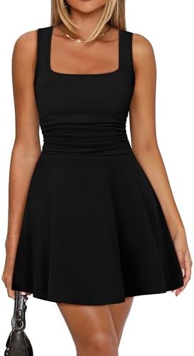 Black Dresses for Women Summer Casual Square Neck Dress Pleated in Black