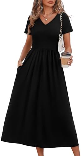 Black Dresses for Women Summer Flowy Short Sleeve V Neck A Line in Solid Black