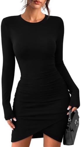 Black Long Sleeve Dress for Women Bodycon Mini Crew Neck Dressy in Black