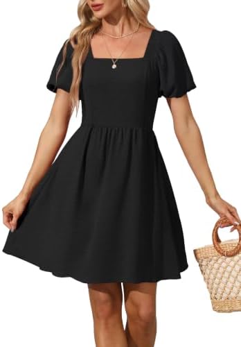 Black Mini Dress Women's Summer Short Sleeve Square Neck Casual in A Black