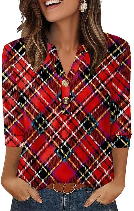 Blouses for Women Dressy Casual 3/4 Button Down Shirts in Red Checks