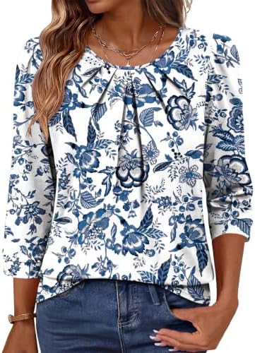 Blouses for Women Dressy Casual 3/4 Sleeve Tops for Women Boho in A-boho Blue White