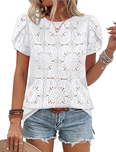 Blouses for Women Dressy Casual Boho Short Sleeve Shirts in 0-white