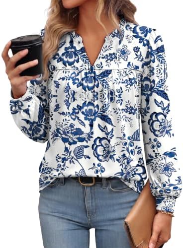 Blouses for Women Dressy Casual Long Sleeve Shirts Fall Tops in Blue White Floral