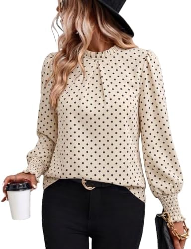 Blouses for Women Dressy Casual Long Sleeve Shirts Fall Outfits in Beige Polka Dot
