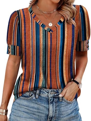 Blouses for Women Dressy Casual Short Sleeve Shirts Business in Z-boho Brown Striped