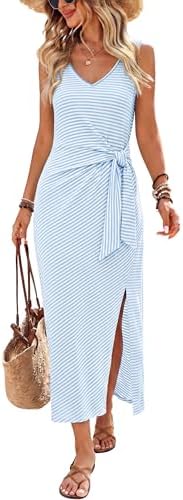 Boho Dresses for Women Summer Midi Dresses for Women V Neck Tie in Striped Blue
