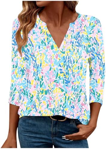 Boho Tops for Women 3/4 Length Sleeve Henley V Neck Shirts