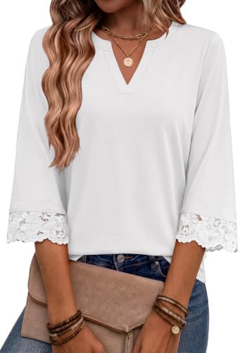 Boho Tops for Women 3/4 Sleeve Length V Neck Lace Top Dressy in White