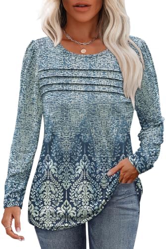 Boho Tops for Women Blouses Dressy Casual Early Fall Fashion in Z-floral Beige Blue