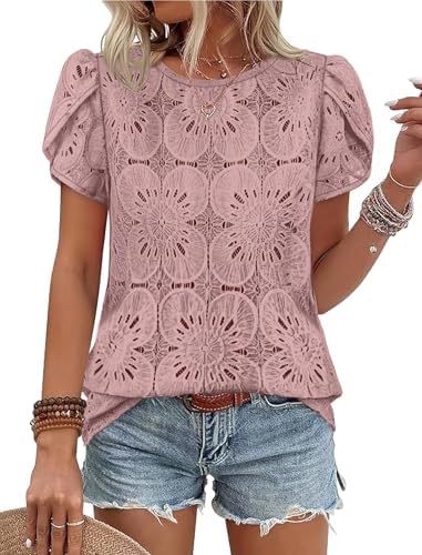 Boho Tops for Women Crochet Lace Embroidered Blouses Dressy in Dusty Pink