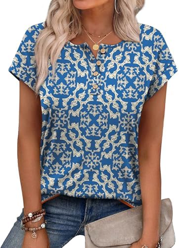 Boho Tops for Women Henley Shirts Western Outfits for Women in C-blue Print