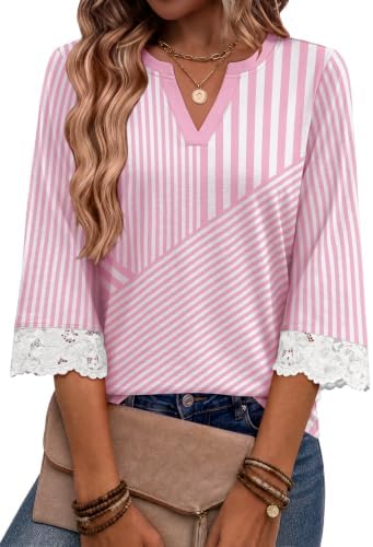 Boho Tops for Women Lace 3/4 Sleeve Business Casual Outfits in Pink Striped
