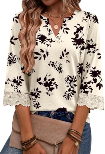 Boho Tops for Women Lace 3/4 Sleeve Length V Neck Blouses in Beige Black