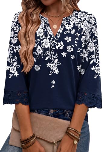 Boho Tops for Women Lace 3/4 Sleeve Length Womens Top Trendy V in Navy White