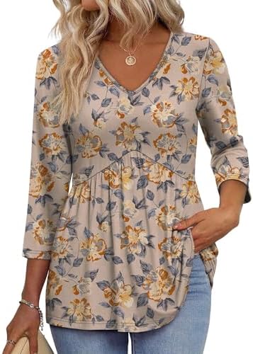 Boho Tops for Women Plus Size 3/4 Length Sleeve Tops Blouses in V-yellow Brown Floral
