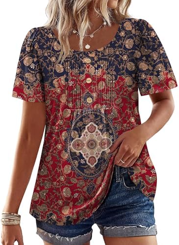 Boho Tops for Women Short Sleeve Shirts Plus Size Fashion in Z-boho Navy Wine