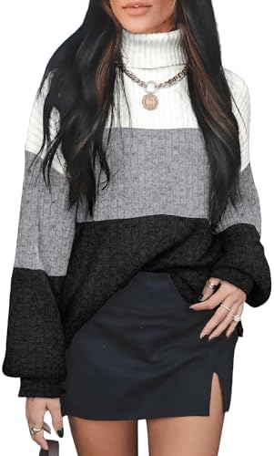 Boho Tops for Women Trendy Color Block Turtleneck Sweaters