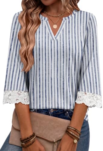 Boho Tops for Women V Neck Lace 3/4 Sleeve Tops Dressy Blouses in Blue Striped