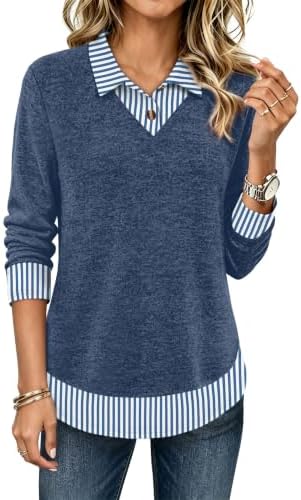 Business Casual Clothing Work Outfits for Women Office Collared in Blue Stripe
