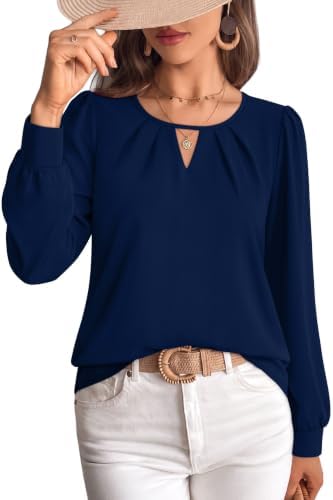 Business Casual Tops for Women Fall Blouses Long Sleeve Shirts in Navy