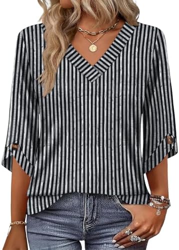 Business Casual Tops for Women T Shirts Summer Outfits 2026 3/4 in Z Black White Striped
