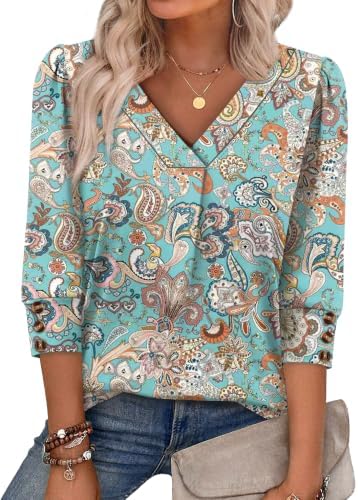 Business Casual Tops for Women V Neck 3/4 Length Sleeve Womens