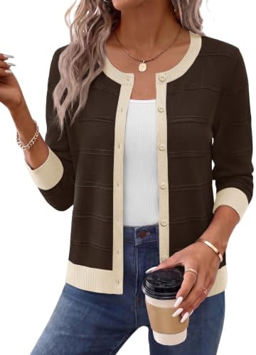 Cardigan Sweaters for Women Crewneck Trendy Fall Outfits Coffee