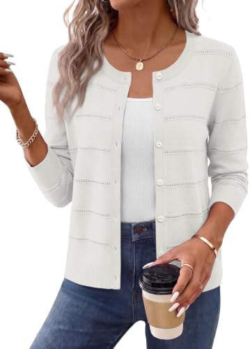 Cardigan Sweaters for Women Crewneck Trendy Fall Outfits White L
