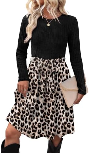 Casual Dress for Women Plus Size Long Sleeve Aline Mini Dresses in Leopard Pattern