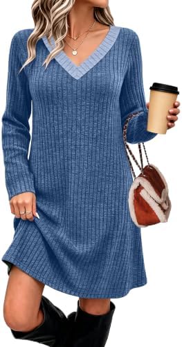 Casual Dresses for Women Color Block Winter Sweater Dress Blue S in H-blue
